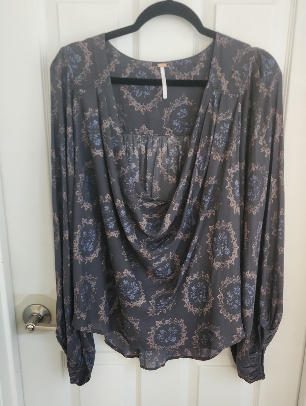 Free People Charcoal Cowl Neck Floral Blouse with Blue and Beige Medallions